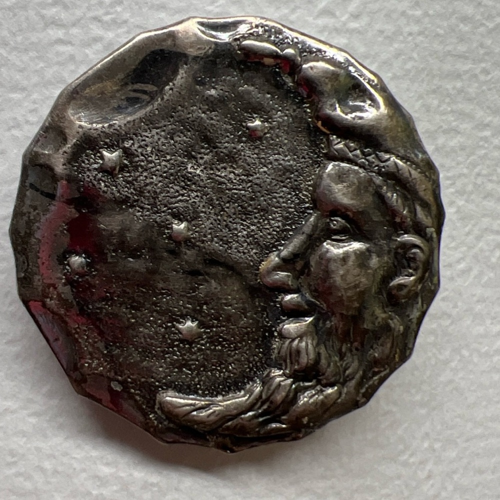 Vintage Sterling Celestial Face Brooch Pin Repousse Man In The Moon Stars Cosmic